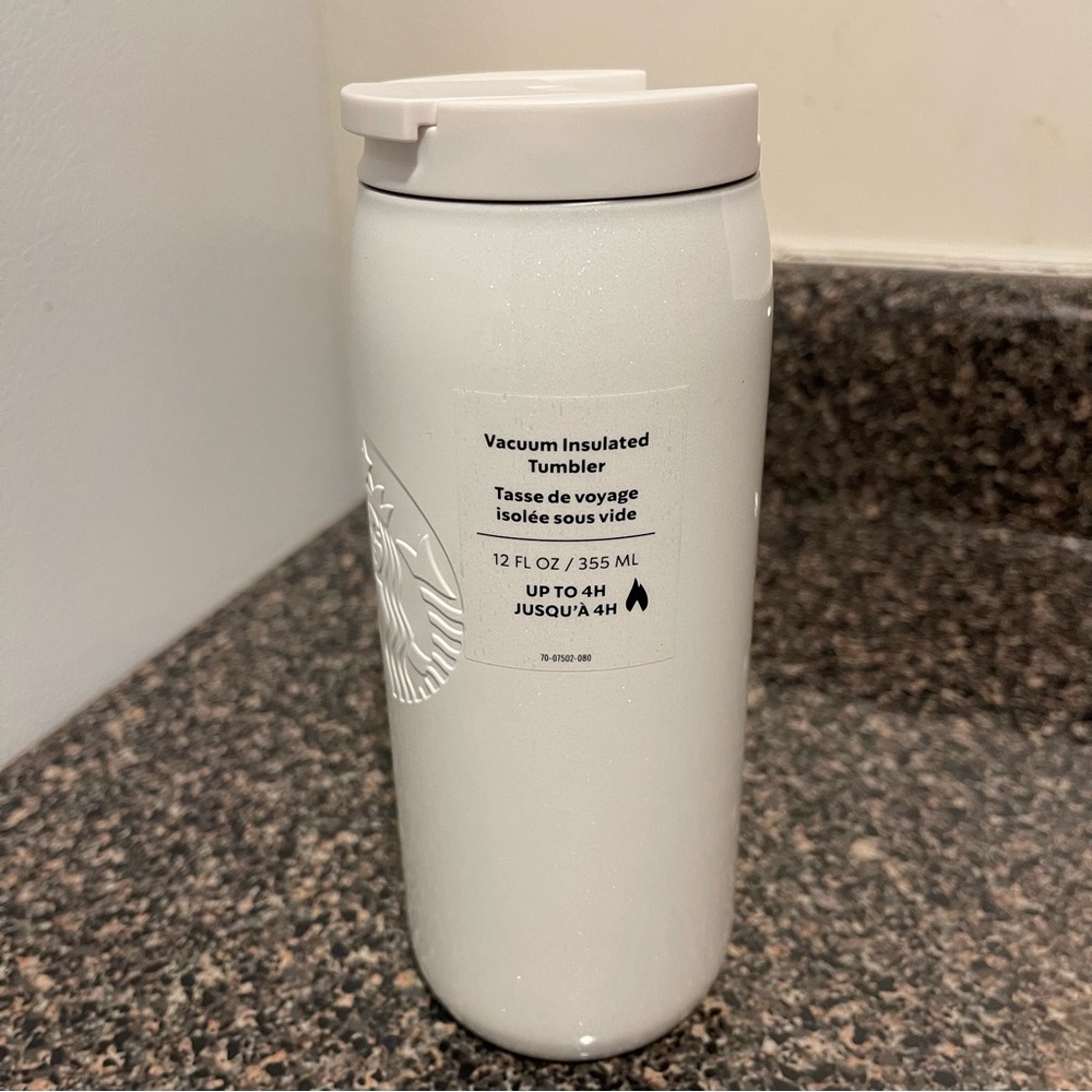Starbucks White Embossed Siren Travel Tumbler shimmery of white 12oz NWT - Picture 2 of 6